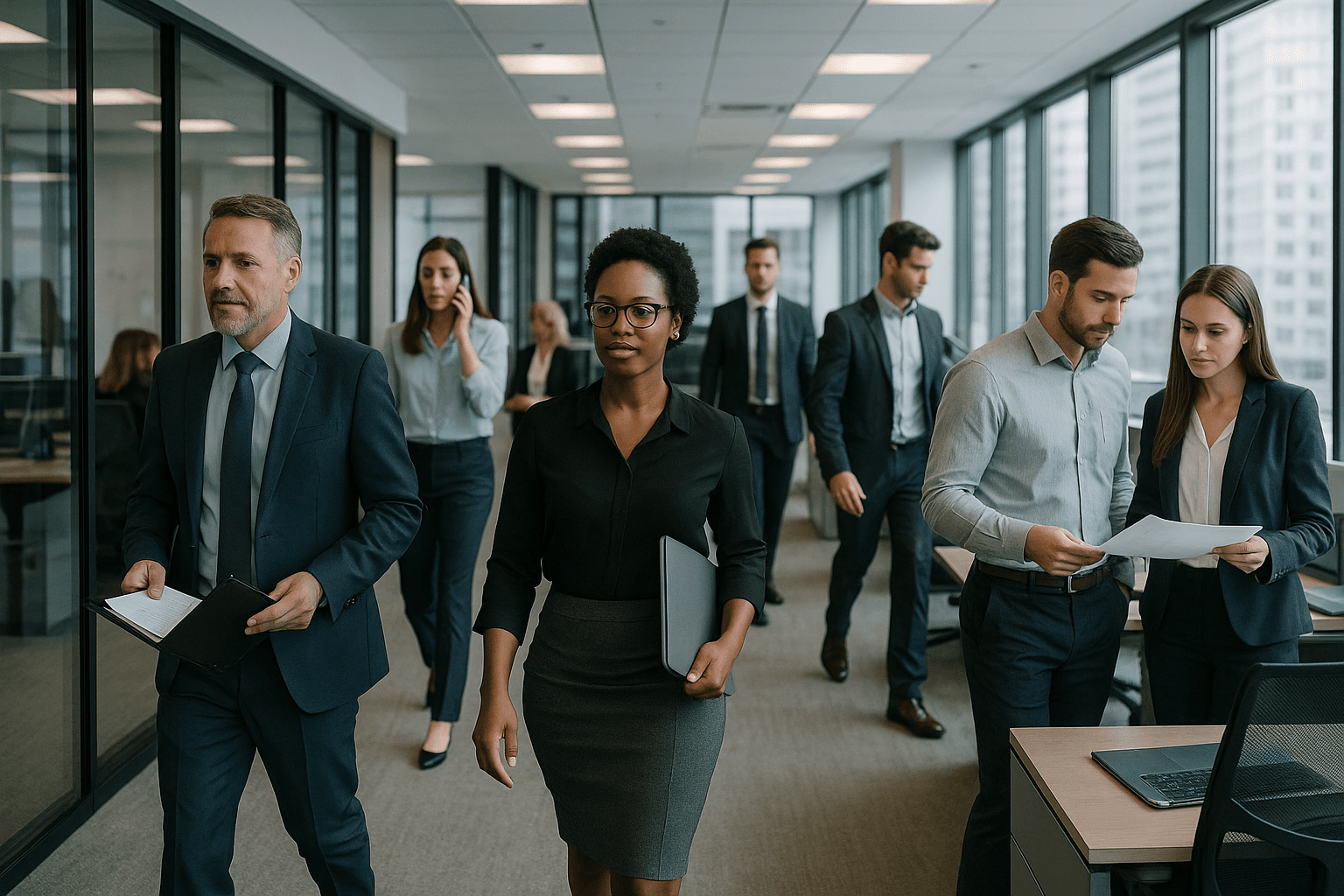 Enterprise team walking through modern office